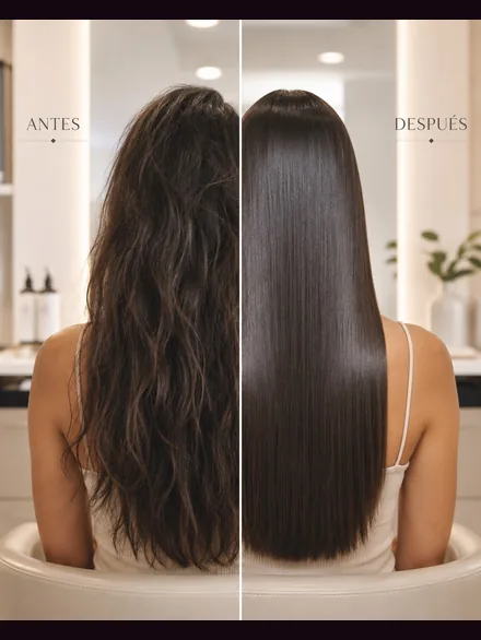 Antes y después de un alisado: a la izquierda cabello castaño encrespado y con volumen; a la derecha el mismo cabello liso, con caída pareja y brillo espejo