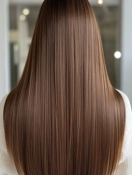 Cabello castaño largo visto de espaldas, liso de raíz a puntas y con brillo espejo