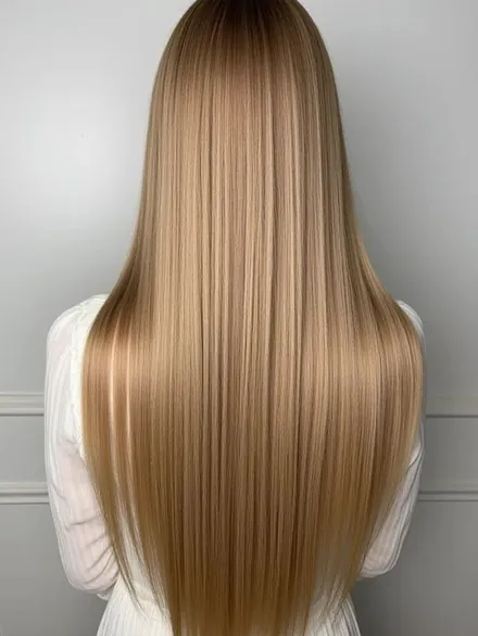 Cabello rubio caramelo largo, completamente liso y de puntas parejas, visto de espaldas