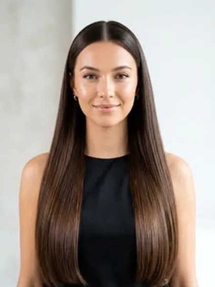 Cabello castaño oscuro largo y liso, con acabado pulido y caída pareja, vista de frente