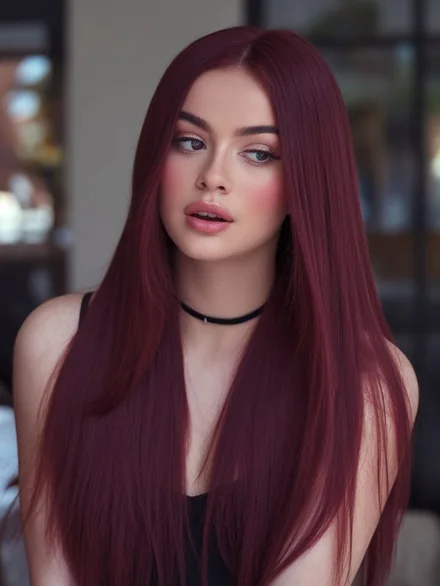 Coloración rojo cereza en cabello largo y liso, de tono parejo de raíz a puntas y con mucho brillo