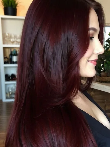 Coloración borgoña en cabello largo con capas, con reflejos vino y acabado sedoso, visto de perfil