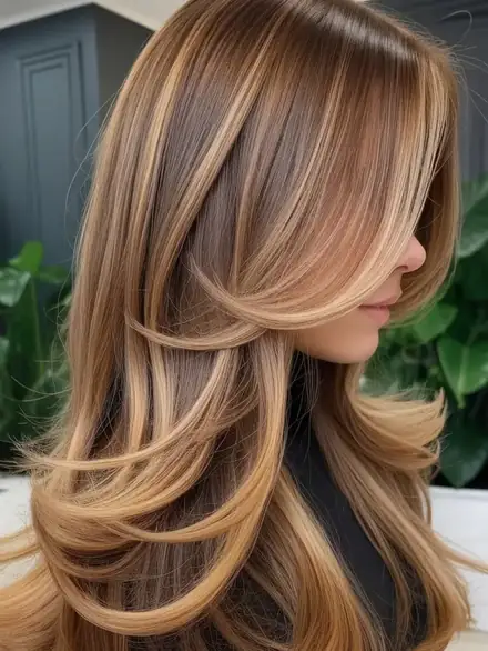 Balayage en tonos miel y caramelo sobre base castaña, con mechas iluminadas y capas con movimiento