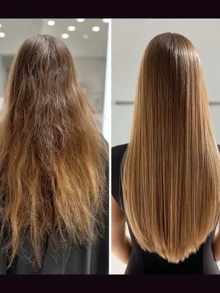 Antes y después de una nutrición, visto de espaldas: a la izquierda cabello castaño claro reseco, encrespado y de puntas abiertas; a la derecha el mismo cabello liso, con caída pareja y brillo