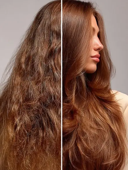 Antes y después de una nutrición en cabello cobrizo largo: a la izquierda seco y con frizz en todo el largo; a la derecha sedoso, con movimiento y reflejos