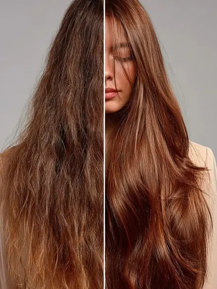 Antes y después de una nutrición: a la izquierda cabello opaco, áspero y con las puntas castigadas; a la derecha suave, con brillo intenso y color parejo