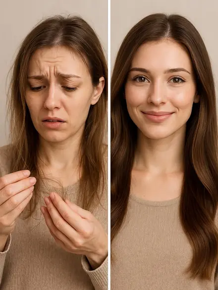 Antes y después de una nutrición: a la izquierda cabello quebradizo y sin brillo; a la derecha liso, con puntas selladas y acabado sedoso
