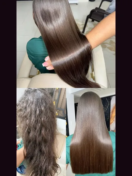 Tres momentos de un planchado: arriba el resultado con brillo espejo en la mano de la estilista; abajo a la izquierda el cabello encrespado antes; abajo a la derecha el mismo cabello liso y pulido