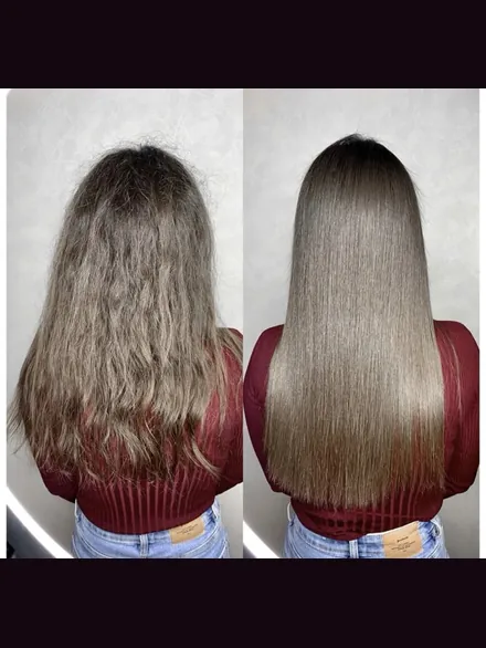 Antes y después de una planchita, visto de espaldas: a la izquierda cabello rubio oscuro ondulado y con frizz; a la derecha completamente liso, con brillo y puntas parejas