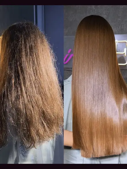 Antes y después de una planchita: a la izquierda cabello castaño claro áspero y muy encrespado; a la derecha liso, sedoso y con brillo intenso